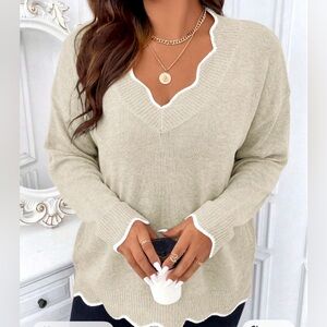 Chic V-Neck Scalloped Sweater - Tan